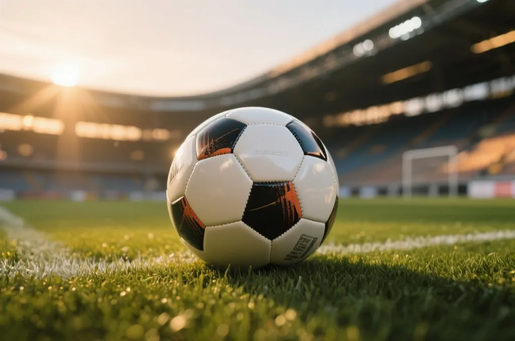 A close up of a professional soccer ball resting on the grass of a high-tech stadium pitch during golden hour, editorial style