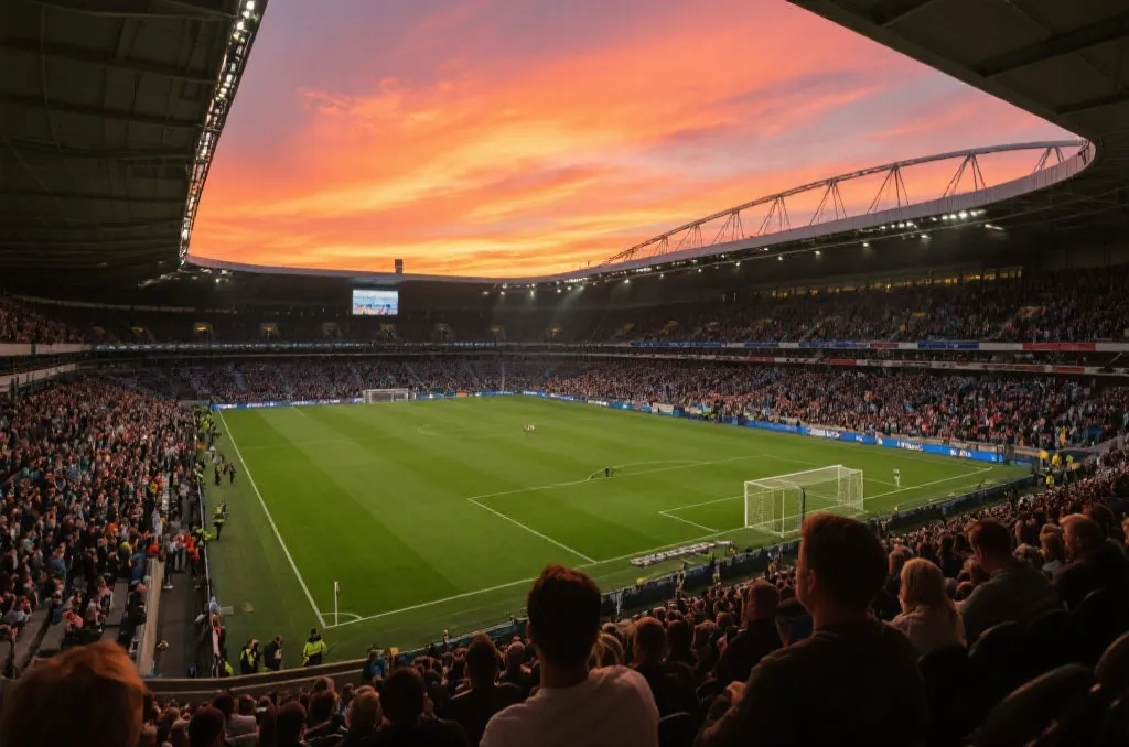 A modern soccer stadium filled with a packed crowd under a dramatic sunset sky